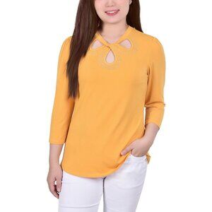 NY Collection Womens Petites Embellished Blouse Yellow Size PL
